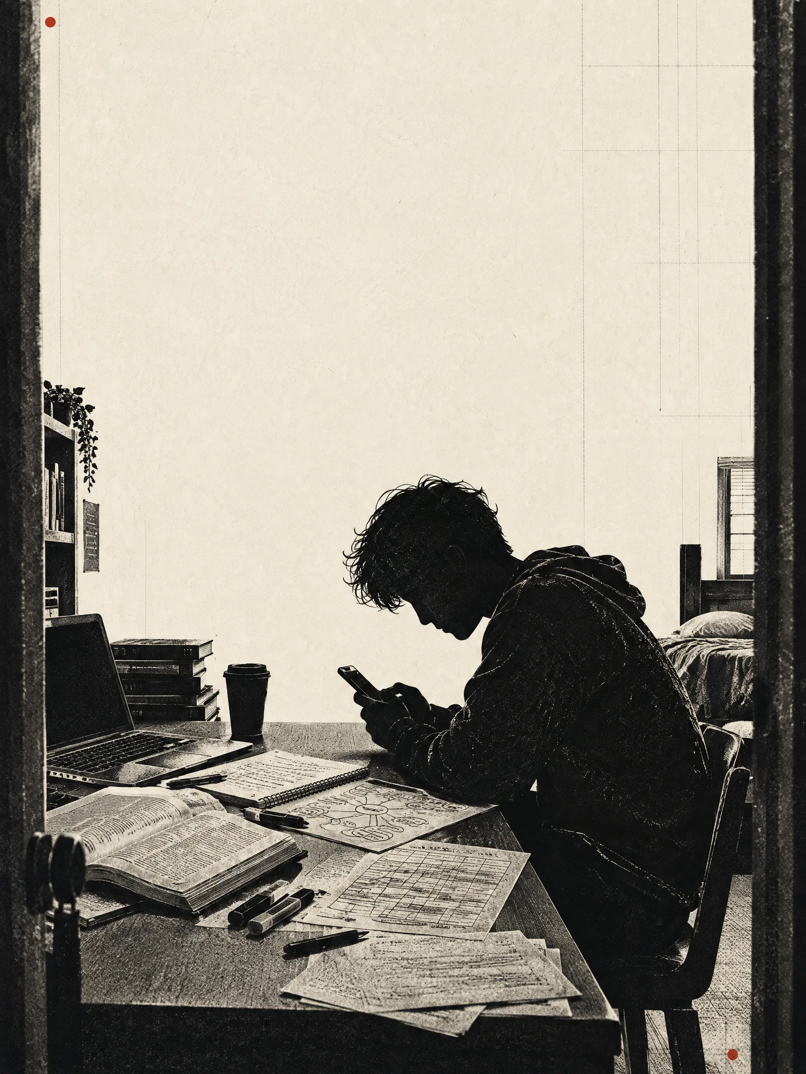 Silhouette of Stevens scrolling on his phone at a dorm desk surrounded by open books, notes and study materials