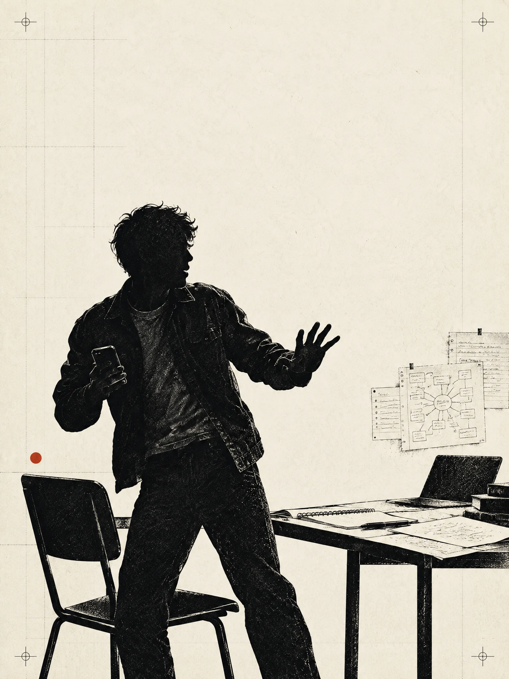 Silhouette of Stevens standing up in panic beside a study desk, gesturing while holding his phone