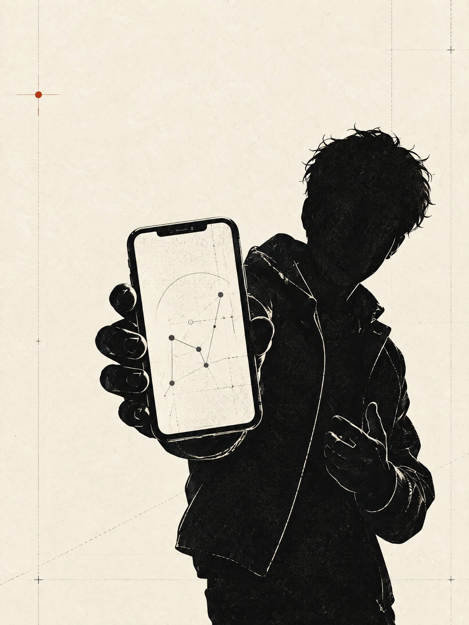Silhouette of Stevens holding an unbranded phone toward the viewer, showing an abstract research diagram